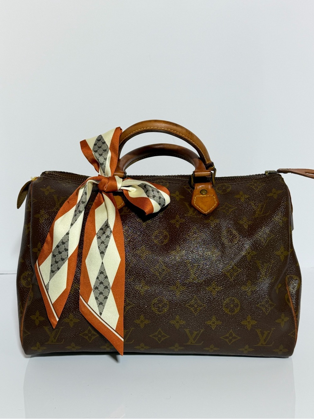 Louis Vuitton Monogram Brown Leather Top-Handle Satchel with Accent Scarf